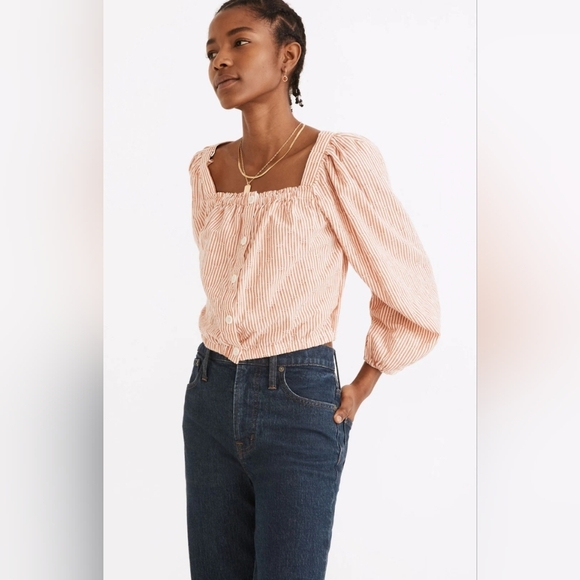 Madewell Puff Sleeve, Button Front Crop Top In Embroidered Stripe. LadiesSize XL - Picture 1 of 11